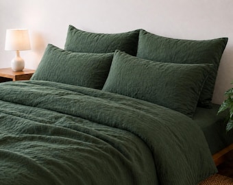 Forest Green Linen Duvet Cover Set, Soft Washed Linen Bedding, Minimalist Natural Fabric Bedcover