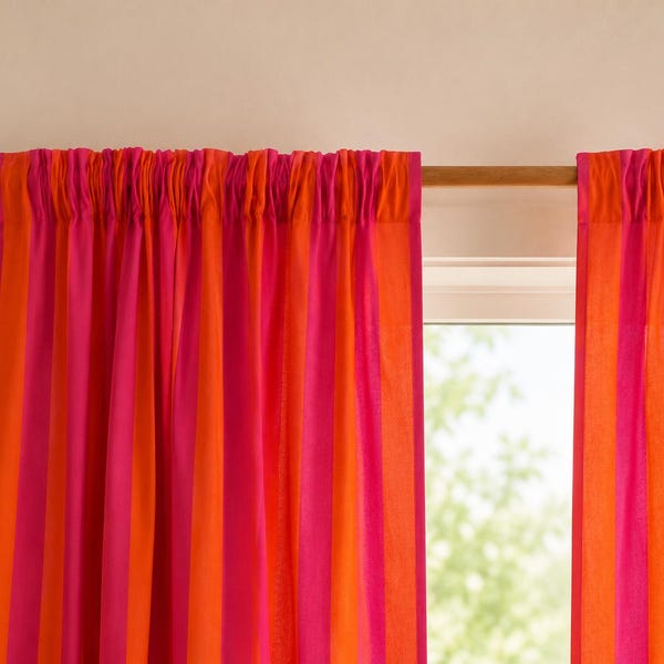 Pink Orange Striped Cotton Curtains, Rod Pocket Window Curtains, Boho Farmhouse Living Room Drapes