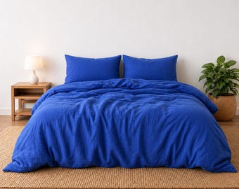 Royal Blue Linen Duvet Cover Set | Natural Flax Bedding | Comforter Cover with Zipper Closure