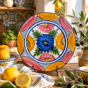 Piatti da parete, piatto da parete vintage spagnolo, piatto floreale dipinto a mano, decorazione murale in ceramica da 26 cm, piatto da appendere con smalto craquelé