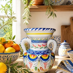 Vintage Spaanse Talavera vaas, vaas met dubbele handgreep, handbeschilderd keramiek, blauw-rode rustieke decoratie, 14 cm, kleine Spaanse vaas