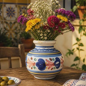 Pode incluir: Um vaso de cerâmica redondo com base branca, decorado com motivos florais pintados à mão em azul, amarelo e rosa, além de listras horizontais. O vaso está preenchido com um vibrante buquê de flores amarelas, roxas e gipsófila branca.