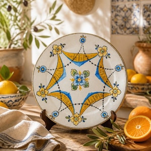 Può includere: Un piatto in ceramica rotondo con un design dipinto a mano che presenta un motivo floreale centrale blu e verde circondato da cinque forme a mezzaluna gialle e piccoli fiori gialli. Il piatto ha una base color crema con linee decorative blu e nere.