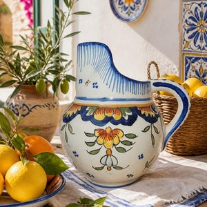 Jarra floral francesa vintage de Dieppe, jarra pintada a mano en azul verdoso, jarrón de cerámica de 16 cm, decoración floral para la cocina, cerámica francesa estilo cottagecore.