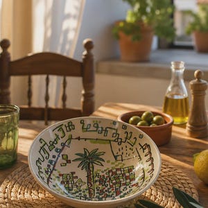 Può includere: Una ciotola rotonda in ceramica con base color crema caratterizzata da disegni astratti dipinti a mano in verde, marrone e nero, tra cui un motivo centrale a palma e motivi geometrici sul bordo interno, poggiata su una tovaglietta intrecciata.