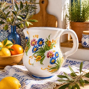 Può includere: Una brocca in ceramica bianca decorata con un motivo floreale dipinto a mano con fiori blu, rossi e gialli e foglie verdi. La brocca presenta un manico curvo, un ampio beccuccio e un bordo blu alla base, con una finitura lucida.