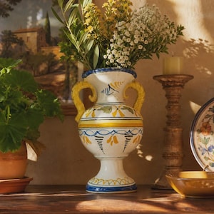Pode incluir: Um vaso de cerâmica branca com duas alças amarelas, decorado com padrões florais e geométricos pintados à mão em azul e amarelo. O vaso tem uma borda larga, um corpo arredondado e uma base de pedestal, cheio de flores verdes e amarelas.
