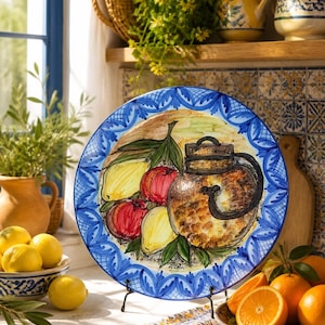May include: A round ceramic decorative plate featuring a hand-painted design of a brown teapot surrounded by yellow lemons and red fruits. The plate has a wide blue border with intricate leaf and cross-hatch patterns and is signed A. Leon.