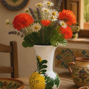 Vaso in ceramica spagnola dipinto a mano, decorazione floreale gialla con bordo verde in stile mediterraneo, prodotto in Spagna. Vaso regalo per fiori / 18 cm