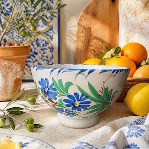 Może przedstawiać: Biała ceramiczna miska z ręcznie malowanym wzorem kwiatowym z żywymi niebieskimi płatkami i zielonymi liśćmi. Miska ma zaokrąglony kształt z podstawą na nóżce oraz gładkie, błyszczące wykończenie, prezentujące klasyczny wzór z pociągnięciami pędzla.
