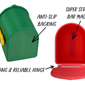 May include: A green and red mailbox with yellow accents. The green mailbox has an anti-slip backing. The red mailbox has a super strong bar magnet and a strong and reliable hinge. Text on the image reads: Anti-slip backing, Super strong bar magnet, and Strong & reliable hinge.