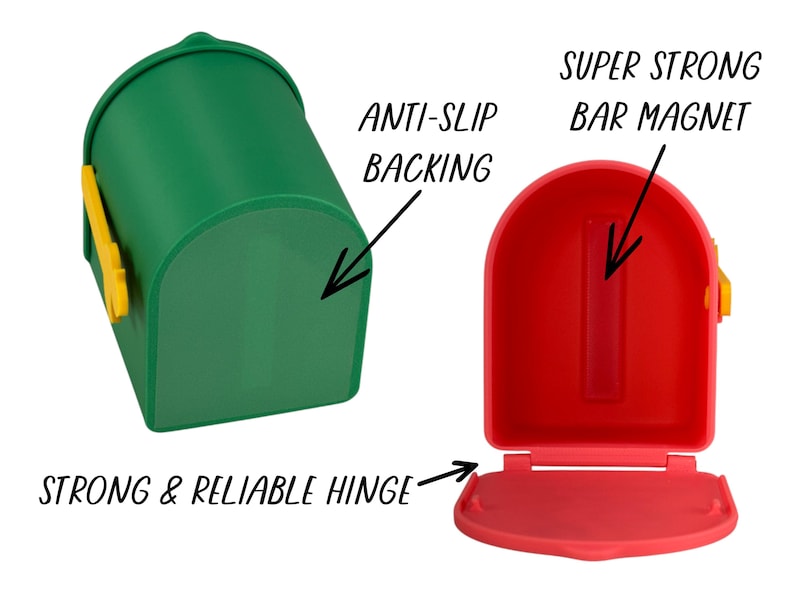 May include: A green and red mailbox with yellow accents. The green mailbox has an anti-slip backing. The red mailbox has a super strong bar magnet and a strong and reliable hinge. Text on the image reads: Anti-slip backing, Super strong bar magnet, and Strong & reliable hinge.