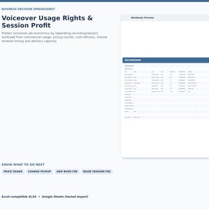 May include: A digital business decision spreadsheet titled Voiceover Usage Rights & Session Profit. It includes a workbook preview dashboard with columns for job, usage, fee, and delivery, plus buttons for price usage, charge pickup, rush, and session fees.