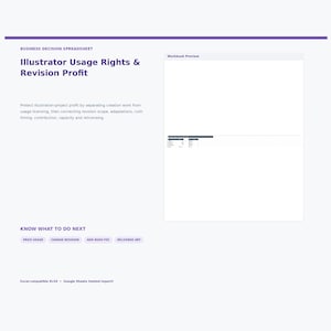 May include: A digital business decision spreadsheet titled Illustrator Usage Rights & Revision Profit. It includes a workbook preview, descriptive text about project profit, and buttons labeled Price Usage, Charge Revision, Add Rush Fee, and Relicense Art.