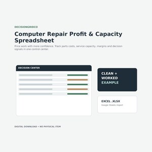 May include: A digital spreadsheet titled Computer Repair Profit & Capacity Spreadsheet by DECISIONGRIDCO. It features a Decision Center table with data rows, a dark box labeled CLEAN + WORKED EXAMPLE, and a white box labeled EXCEL .XLSX Google Sheets import.