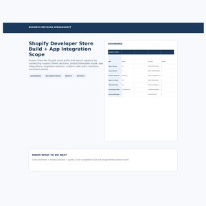 Puede incluir: Una hoja de cálculo de decisiones empresariales para la creación de tiendas Shopify y el alcance de integración de aplicaciones. La interfaz incluye un panel, botones de navegación y una sección Know What To Do Next compatible con Excel y Google Sheets.