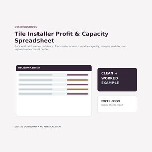 May include: A digital spreadsheet titled Tile Installer Profit & Capacity Spreadsheet by DECISIONGRIDCO. It features a Decision Center interface with data rows, a Clean + Worked Example box, and an Excel .XLSX file indicator for Google Sheets.