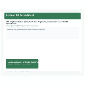 Könnte beinhalten: Eine digitale Tabellenkalkulation mit dem Titel Decision OS Spreadsheet für CRM-Implementierungsberater. Sie enthält Abschnitte zur Datenmigration, zum Automatisierungsumfang und zur Gewinnanalyse sowie ein ausgefülltes Beispiel zur Veranschaulichung.