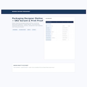 May include: A digital business decision spreadsheet titled Packaging Designer Dieline + SKU Variant & Print Proof. It features a dashboard table with columns for metrics, a navigation menu, and a section labeled Know What To Do Next with text.