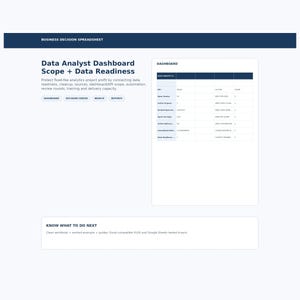 Può includere: Un foglio di calcolo per decisioni aziendali intitolato Data Analyst Dashboard Scope + Data Readiness. Presenta una tabella con colonne per QTY, AREA, ACTION e OWNER, pulsanti di navigazione e una sezione denominata Know What To Do Next.