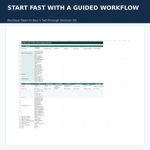 May include: A digital spreadsheet titled Boutique Open-to-Buy + Sell-Through Decision OS, featuring a guided workflow with columns for planning, POs, sales, and stock health, organized into rows detailing system decisions, metrics, and inventory inputs.