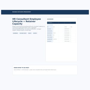 May include: A digital business decision spreadsheet titled HR Consultant Employee Lifecycle + Retainer Capacity. It features a dashboard with a table, navigation buttons for Dashboard, Decision Center, What If, and Reports, and a section labeled Know What To Do Next.