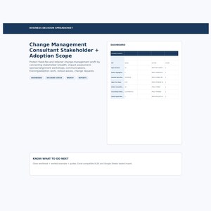 May include: A digital business decision spreadsheet titled Change Management Consultant Stakeholder + Adoption Scope. It features a dashboard with a table, navigation buttons for Dashboard, Decision Center, What If, and Reports, and a section labeled Know What To Do Next.