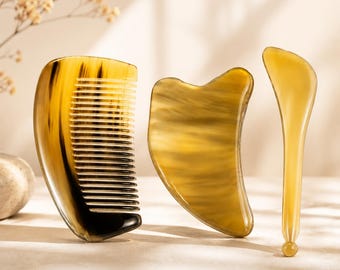 Kit básico de 3 piezas para principiantes de Gua Sha facial: peine de bolsillo, piedra y varilla de Gua Sha.