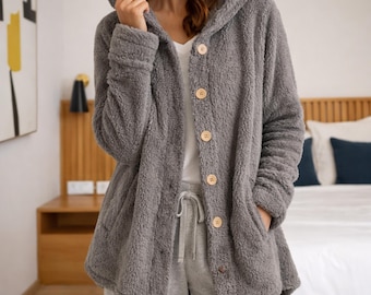 Women's Winter Coat, Hooded Cardigan Jacket, Plus Size Button Front Outerwear, Beige Grey Black Long Sleeve Hoodie