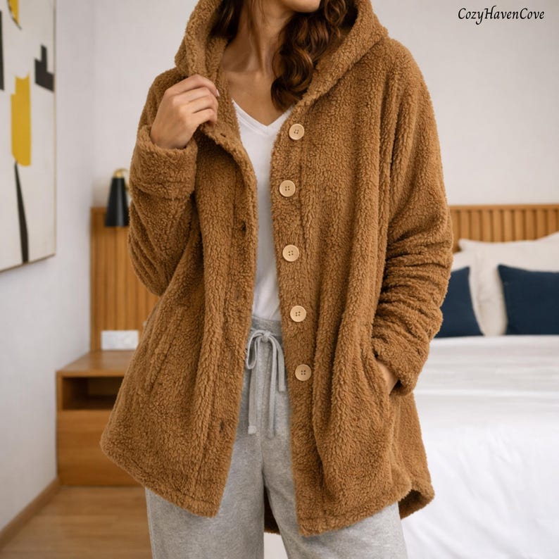 May include: A brown hooded coat with large wooden buttons. The coat has a soft, fuzzy texture and two front pockets. The text "CozyHavenCove" is in the upper right corner. The coat is worn over a white shirt and gray sweatpants.
