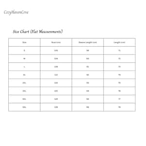 May include: A white size chart with black text from Cozy Haven Cove. The chart lists flat measurements for bust, sleeve length, and length in centimeters for sizes S through 5XL. The bust measurements range from 100cm to 128cm.