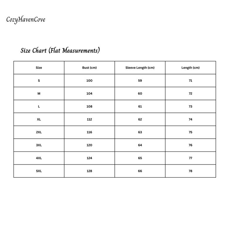May include: A white size chart with black text from Cozy Haven Cove. The chart lists flat measurements for bust, sleeve length, and length in centimeters for sizes S through 5XL. The bust measurements range from 100cm to 128cm.