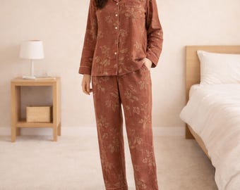 Women’s Cotton Pajama Set, Long Sleeve Button Top & Pants, Sleepwear Set, Spring Autumn Loungewear