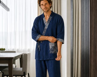 Set pigiama kimono da uomo, abbigliamento da notte in garza di cotone, vestibilità comoda per il relax, completo casa minimalista in due pezzi