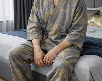 Men’s Cotton Pyjama Set – Kimono Style V Neck Loungewear, 2 Piece Pajama Set with Trousers