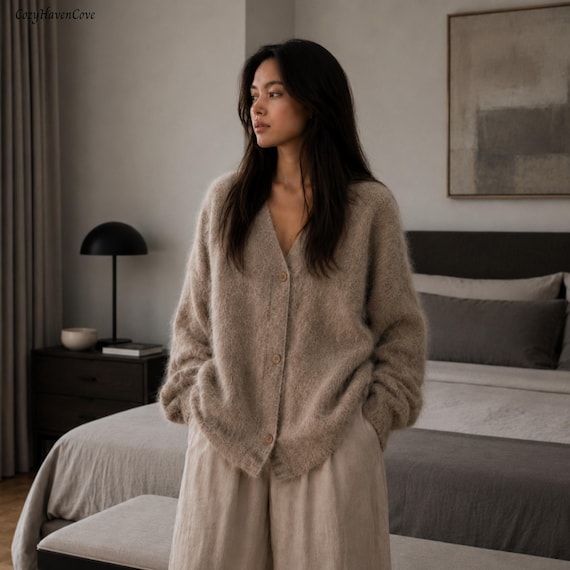 Womens Fuzzy Knit Cardigan, V Neck Button Front Sweater, Loose Fit Long Sleeve Acrylic Layer, Cozy Autumn Winter Top
