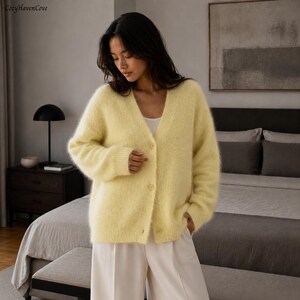 Womens Fuzzy Knit Cardigan, V Neck Button Front Sweater, Loose Fit Long Sleeve Acrylic Layer, Cozy Autumn Winter Top Yellow
