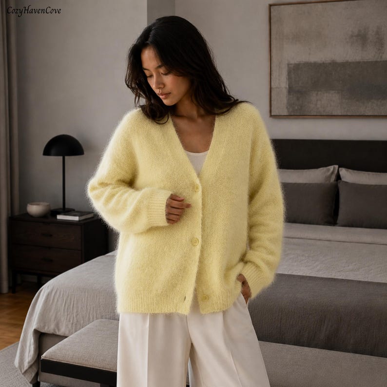 Womens Fuzzy Knit Cardigan, V Neck Button Front Sweater, Loose Fit Long Sleeve Acrylic Layer, Cozy Autumn Winter Top Yellow
