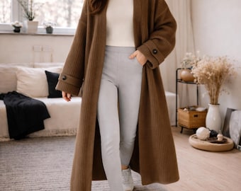 Women's Long Knit Cardigan, Minimalist Open Front Sweater, Beige Brown Outerwear for Everyday Wear