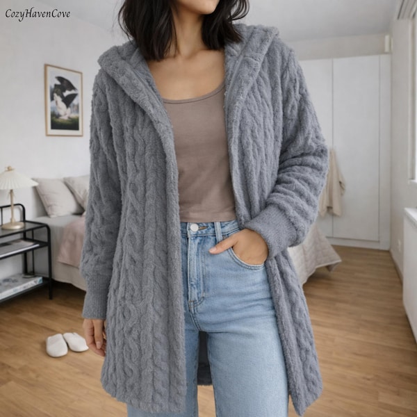 Womens Winter Coat, Hooded Long Sleeve Jacket, Loose Fit Knit Cardigan, Plus Size Outerwear, Minimalist Autumn Layer