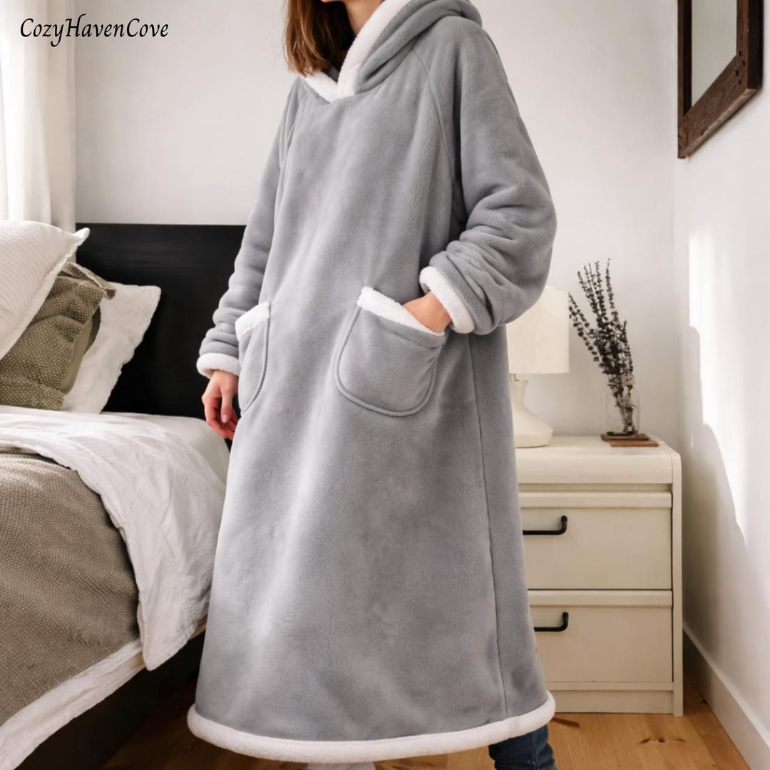 Oversized Hooded Lounge Pullover – Long Hoodie Robe, Cozy Winter House ...