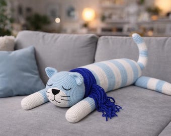 Sleeping Cat Crochet Pattern PDF, Plush Kitty Amigurumi, Long Cat Pillow Toy, Cute Stuffed Cat, Soft Baby Gift, Beginner Friendly