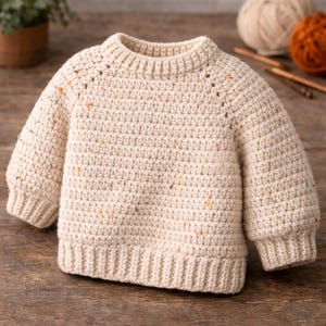 Puede incluir: Suéter de crochet color crema con motas naranjas y amarillas. El suéter tiene cuello, puños y dobladillo acanalados. Las mangas son largas. La prenda es probablemente para un bebé o niño pequeño.