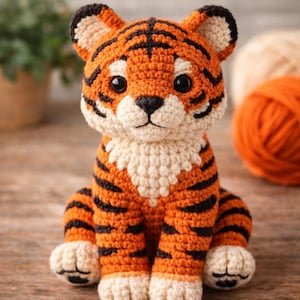Puede incluir: Una figura de tigre de ganchillo hecha a mano. El tigre es naranja con rayas negras, detalles blancos y ojos negros. El tigre está sentado sobre sus cuartos traseros, con las patas y la barriga visibles. Tiene un babero blanco y rayas negras en las orejas.