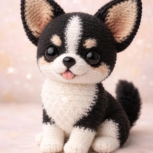 Könnte beinhalten: Gehäkelte Chihuahua-Hundefigur in Schwarz, Weiß und Hellbraun. Der Hund hat große, dunkle Augen, eine rosa Zunge und aufgestellte Ohren. Das handgefertigte Plüschtier sitzt mit nach vorne gerichteten Pfoten und eingerollter Rute.
