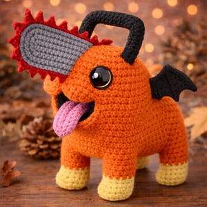 Könnte beinhalten: Eine handgefertigte orangefarbene Häkelfigur mit einem Kettensägenkopf, schwarzen Flügeln und einer rosa Zunge. Das Spielzeug hat große schwarze Augen und gelbe Füße. Der Hintergrund ist eine verschwommene Mischung aus Herbstlaub und Bokeh-Lichtern.