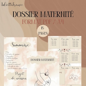 Peut inclure: Un journal de grossesse numérique au format PDF, avec un design minimaliste et un fond aquarelle. Le journal comprend des sections pour suivre les étapes de la grossesse, les rendez-vous et l'arrivée du bébé. La couverture affiche le titre "DOSSIER MATERNITÉ".