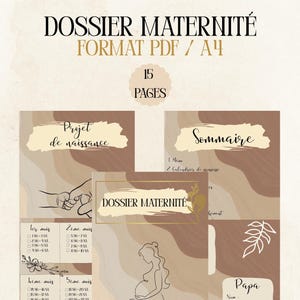 Op de afbeelding: Een digitaal dossier voor moederschap in PDF-formaat, met een minimalistisch ontwerp in beige en bruine tinten. Het document bevat secties voor geboorteplannen, samenvattingen en het volgen van zwangerschapsweken.