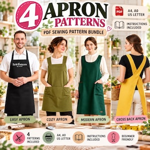 Peut inclure: Un ensemble de patrons de couture numériques présentant quatre styles de tabliers : un noir, un vert olive, un vert foncé et un jaune à dos croisé. L'image inclut des étiquettes pour chaque style et indique que des patrons PDF aux formats A4, A0 et US Letter avec instructions sont inclus.
