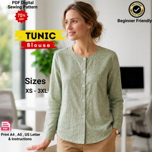 May include: A light green long-sleeve tunic blouse with a white polka dot pattern, a round neckline, and a front button placket. The digital sewing pattern includes sizes XS to 3XL, with PDF files available in A4, A0, and US Letter formats.
